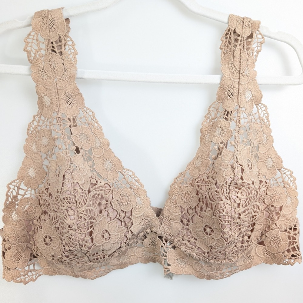 Anthropologie Floral Lace Bralette V Neck Unlined Size XL Tan Nude Fairy Layer